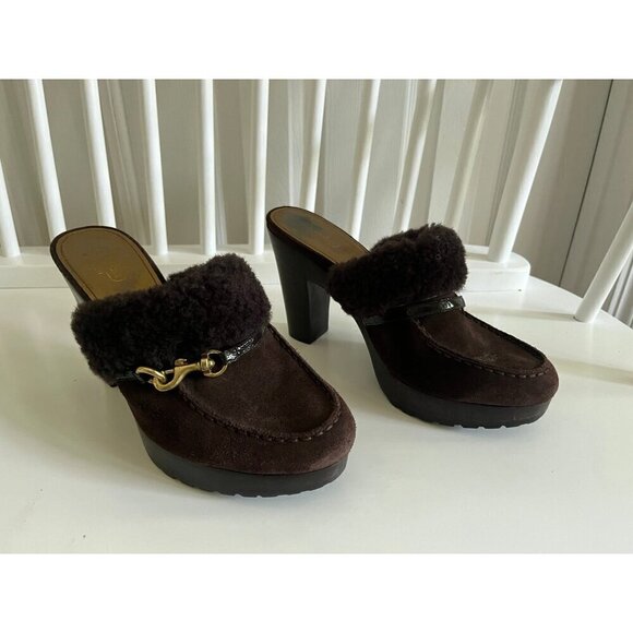 Coach Idyle Brown Suede/Shearling with Buckle Mule Clogs - Picture 1 of 6